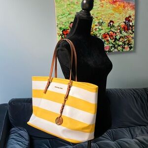 Michael Kors Striped Yellow and White Tote Interior Pockets Wipe Clean